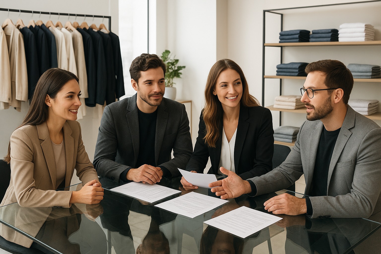Professional team meeting in modern office discussing garment export strategies